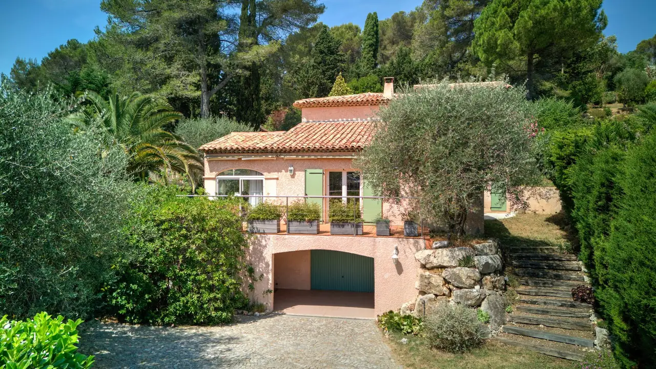 An ochre-fronted bastide surrounded by olive trees, seen from the garden